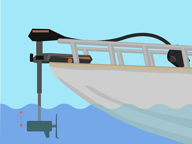 Лодочный электромотор, установленный на нос лодки, в рабочем положении
